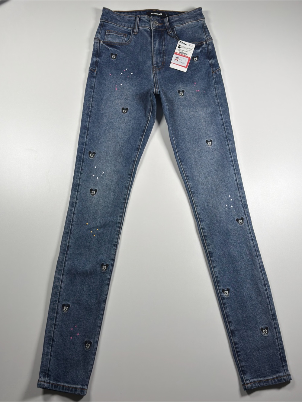 Desigual Disney MickeyMouse Women’s Embroidered Jeans paint splatter design NWT